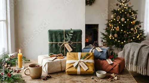 Christmas gifts, holiday presents, wrapped boxes, festive decorations, cozy living room