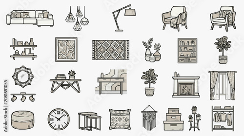Professional Minimalist Black and White Line Drawing Set of Modern Home Decor and Furniture Elements