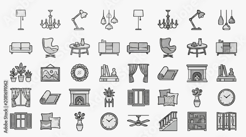 Sleek Minimalist Black and White Line Drawing Icons Set of Modern Home and Office Furniture Decor Items