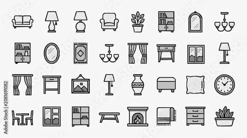 Modern Minimalist Line Drawing Icons of Home and Living Room Furniture and Decor in Black and White