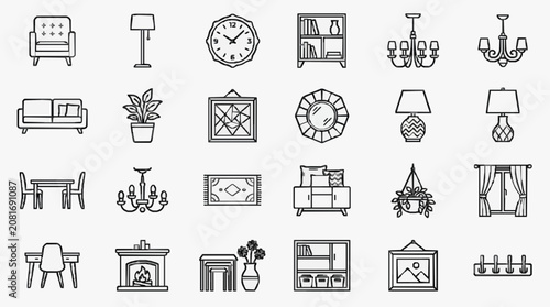 Elegant Black and White Line Drawing Set of Modern Minimalist Living Room and Bedroom Furniture Icons