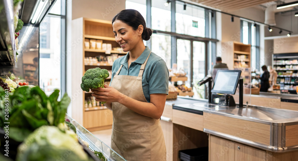 Fototapeta premium Smiling grocery store cashier carefully checks the freshness and quality of broccoli in the supermarket produce section.
