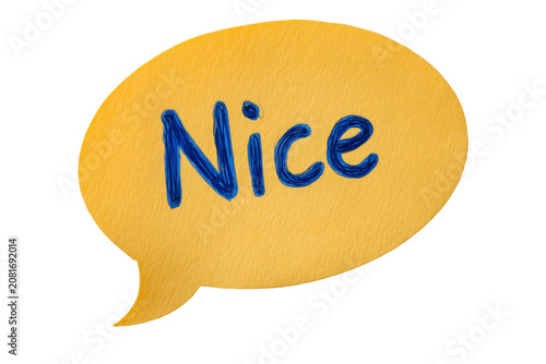 Yellow paper speech bubble with hand written word Nice in blue marker isolated on transparent background, Clipart png