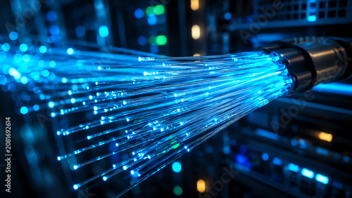 Close-up of vibrant blue fiber optic cables illuminated against a dark server background, showcasing advanced data transmission technology.