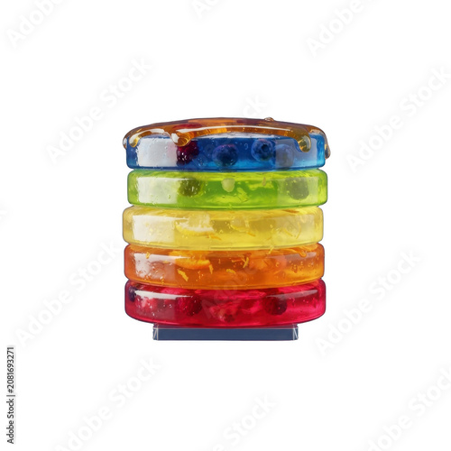 Stacked rainbow fruit jelly dessert isolated on black