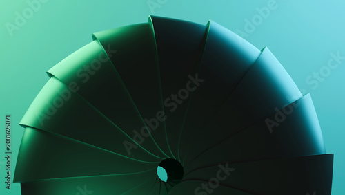 Foto Minimalist abstract 3D render of a green and teal curved geometric pinwheel stru