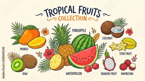 Tropical fruits collection illustration mango pineapple watermelon kiwi coconut and exotic varieties