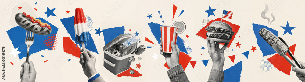 Fototapeta premium USA 4th of July celebration paper collage with barbecue food, cold drink, cooler and patriotic red white blue summer party