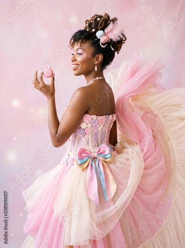 Smiling Black woman in pastel rococo lace corset dress with colorful bows holding a pink macaron, hair adorned with macarons, pearls and feather against sparkling pink background