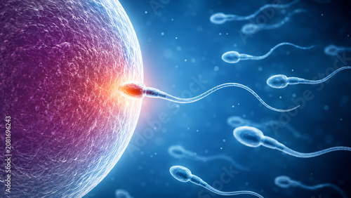 Illustration of sperm cells approaching an egg, representing reproduction and the beginning of life in a scientific context.