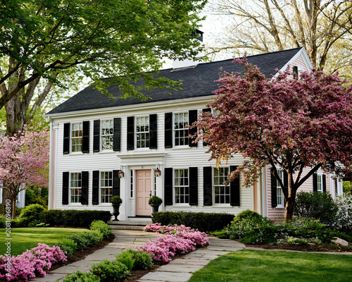 Elegant Pink Colonial Style House with Spring Garden AI Generative