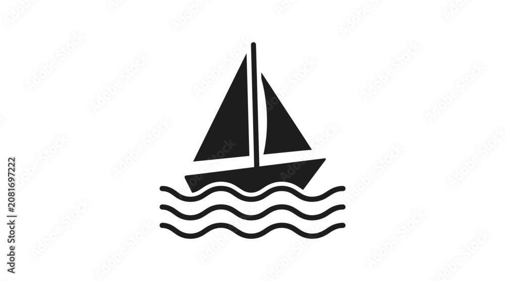 Fototapeta premium Simple sailboat icon on wavy water, clean graphic vector illustration