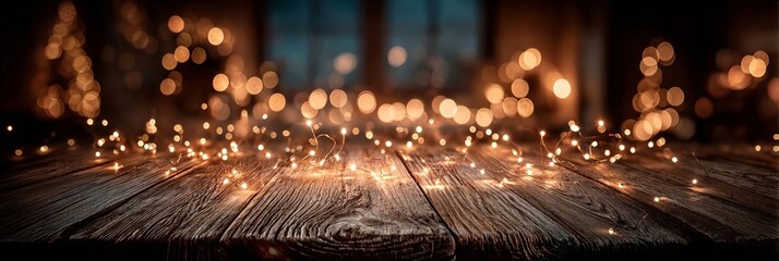 Cozy Christmas fairy lights with circular bokeh glow upon a rustic dark wooden display shop table.