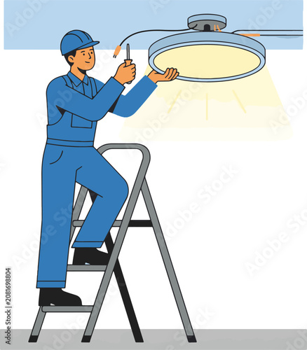 Man installing light fixture on ladder.