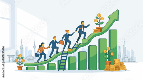 Business professionals climbing a growth chart symbolizing success and prosperity
