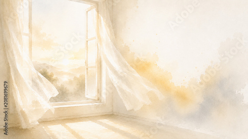Whispers of the Holy Spirit – Symbolic Collection  Open Window at Sunrise, Minimalist Watercolor Illustration