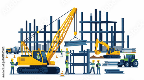 Construction workers building a structure with cranes and heavy machinery