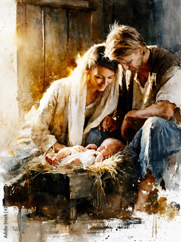 Holy Family Nativity Watercolor – Generative AI – no real persons