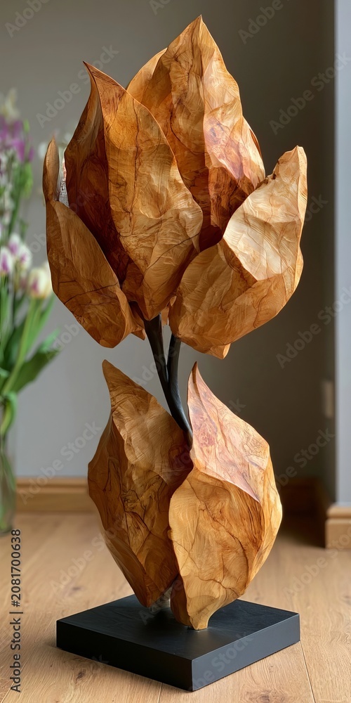 Fototapeta premium Artistic Hand Crafted Wooden Sculpture Featuring Organic Leaf Forms Mounted On A Sturdy Base Stand.