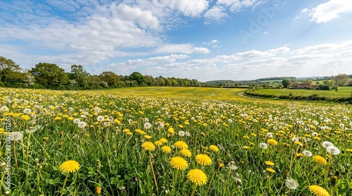 Vibrant dandelions in a lush green field under a blue sky