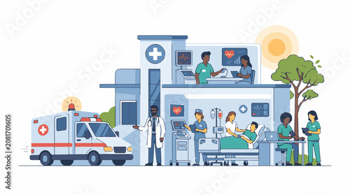 Medical professionals and patients in a hospital setting with ambulance
