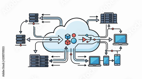 Cloud computing network illustration with servers and devices