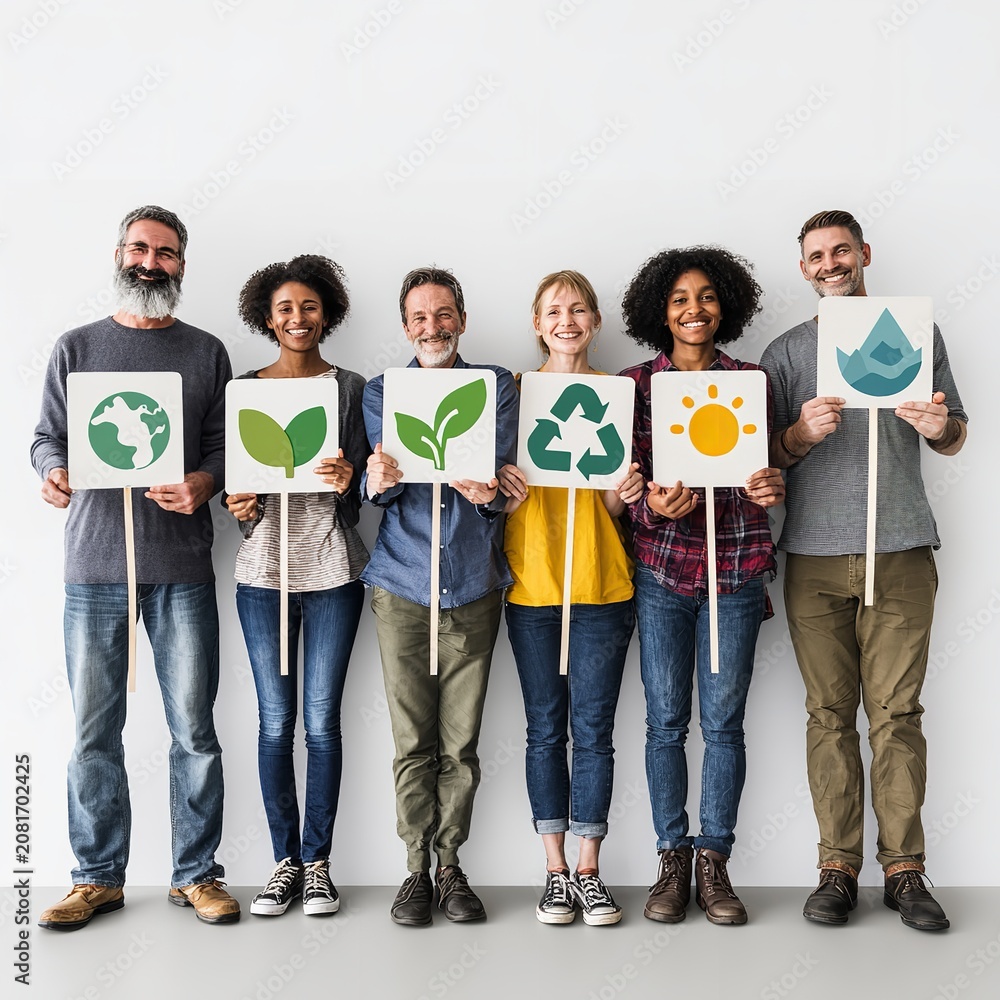 Fototapeta premium Group of Six Happy Multiethnic Adult Friends Standing in a Row and Holding Large White Square Signs with Green and Yellow Ecological Icons Symbolizing Recycling Conservation Earth Care and Sustainable