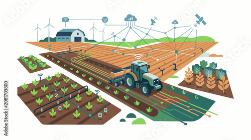 Modern Agricultural Farm with Wind Turbines.