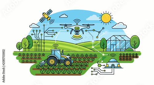 Modern farm with drone tractor greenhouse and satellite