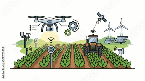 Modern farm with drone tractor sensors wind turbines solar panels