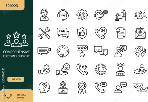 Comprehensive Customer Support Line Icons Pack with Editable Stroke. Vector Illustration