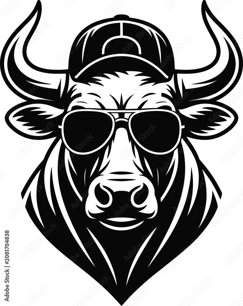 Fototapeta premium Cool bull wearing sunglasses and baseball cap illustration