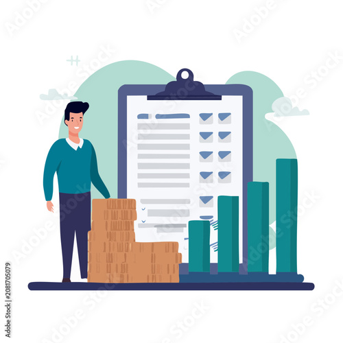 Man with clipboard and checklist in flat vector style