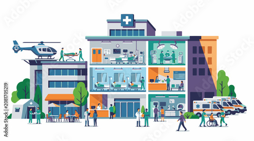 Depicts a modern hospital complex with various medical services and transportation