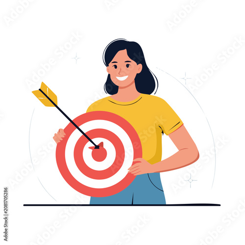Happy woman achieving business goals and hitting target bullseye