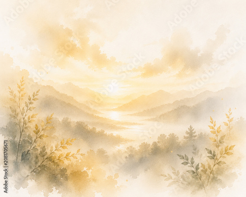 Whispers of the Holy Spirit – Symbolic Collection  Quiet Presence at Sunrise, Minimalist Watercolor Landscape Illustration