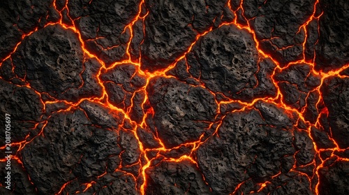 Molten lava cracks, glowing hot fissures, volcanic rock texture, fiery orange lines