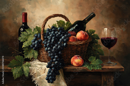 Classic Still Life with Wine Grapes and Rustic Basket Oil Painting. AI generative.