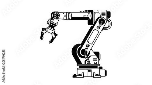 Industrial robot arm with gripper for automated manufacturing and assembly