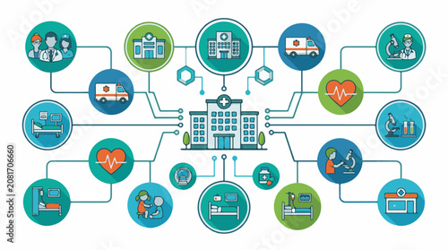 Medical services infographic showing hospital connections and healthcare icons