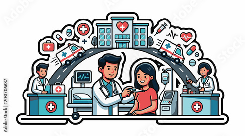 Medical scene with doctors patient hospital ambulances and medicine