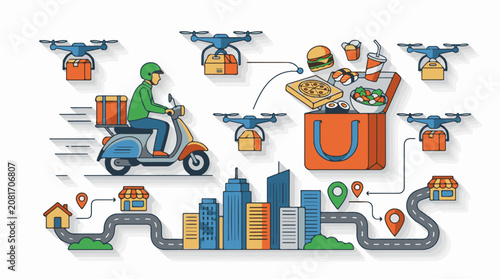 Modern delivery system with drones scooter and city buildings