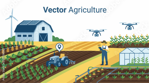 Modern Farm Technology Agricultural Landscape Scene.