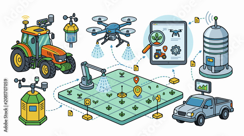 Smart farming tech tractor drone robot sensors pickup and silo