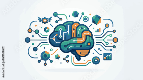Stylized brain illustration with circuitry data and geometric shapes
