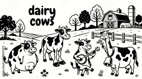 Tableau sur toile healthy dairy cows grazing across a green cattle farm with wooden fences open pa