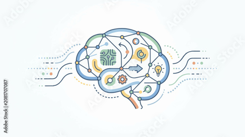 Stylized brain with circuit board lightbulb and gears representing artificial intelligence