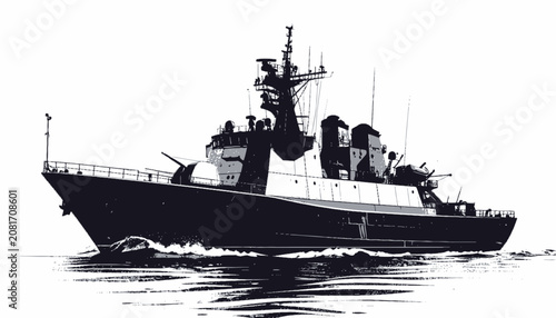 Large Military Warship Vessel Sailing Ocean.