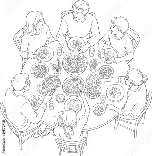 Dining vector illustration for restaurant poster with family meal table and clean black white outline style