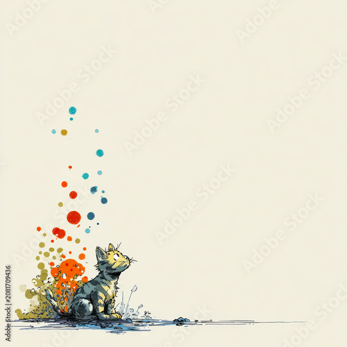 Cute Hand Drawn Kitten Illustration with Minimal Background: AI generative.